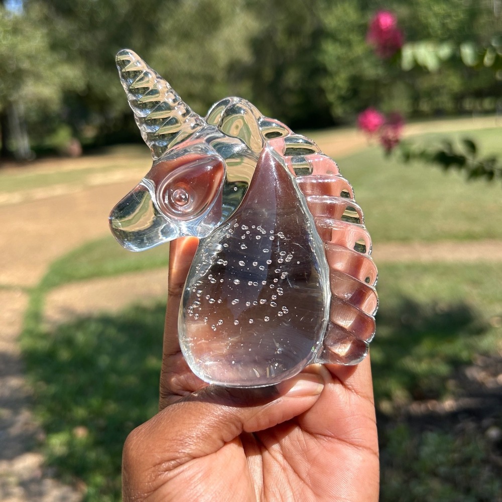 Vtg Art Glass Unicorn Figurine Clear Bubble Paperweight Fantasy whimsical Decor